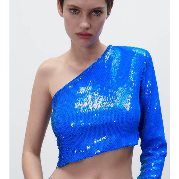 ZARA SEQUIN SPARKLY Asymmetric Cobalt Blue Crop TOP Small - Picture 4 of 5